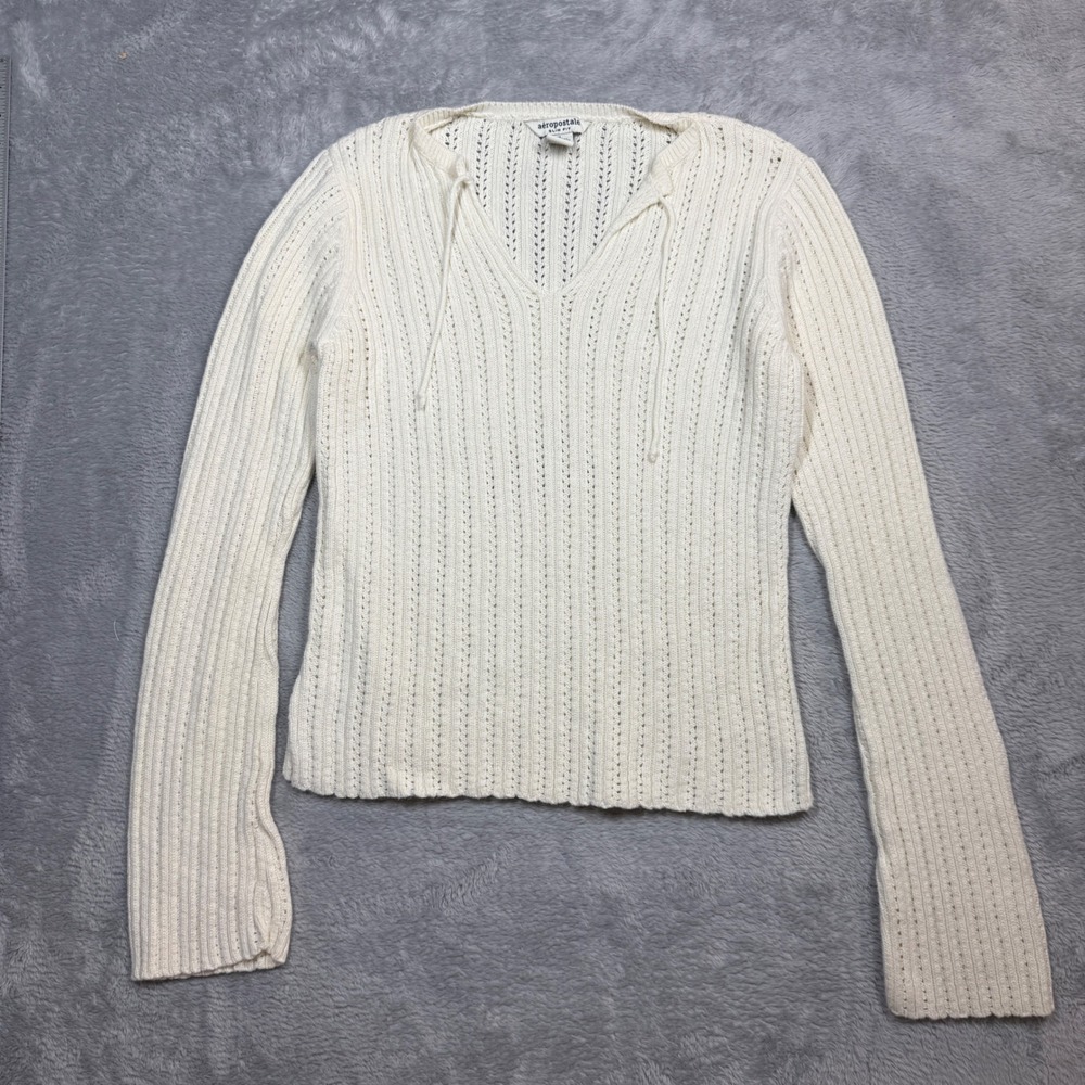 Aeropostale Pointelle V-Neck Sweater Women XL Cream Slim Fit Knit Y2K Minimalist